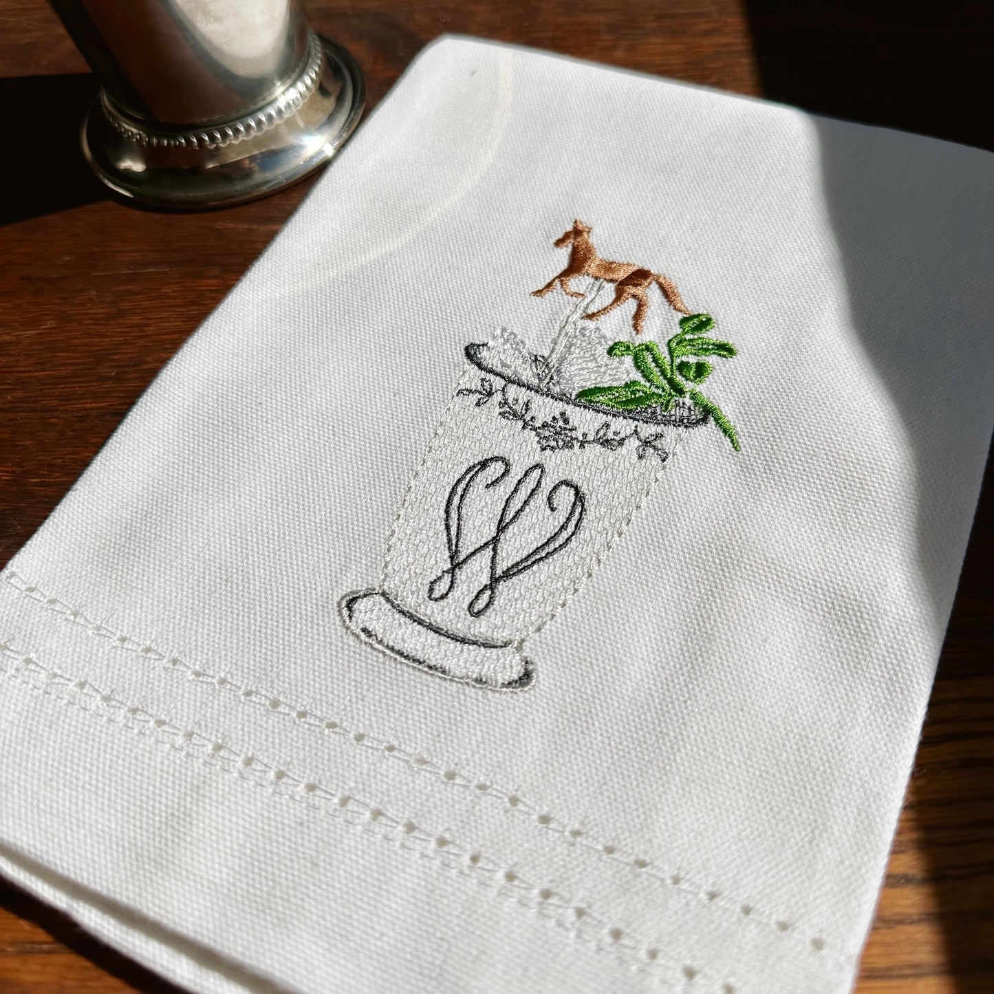 Embroidered Mint Julep Cup Tea Towel