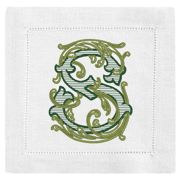 Embroidered Cocktail Napkins with Vintage Vine Monogram